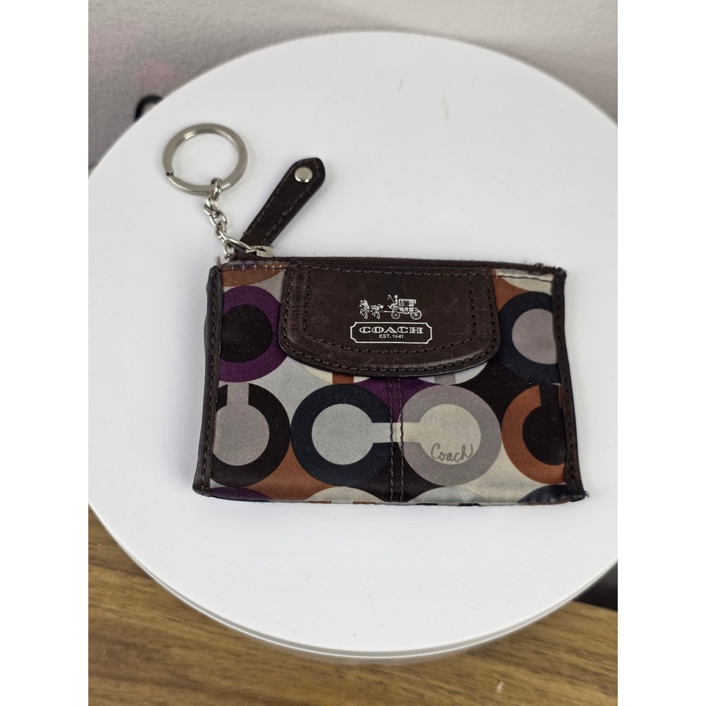 Coach Op Art Signature Mini Skinny ID Case Satin Leather Key Ring Wallet Brown